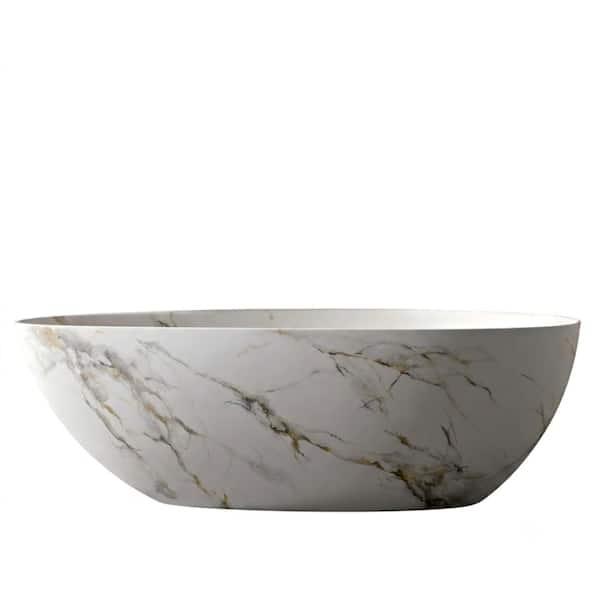 67 in. Solid Surface Freestanding Bathtub in Matte Calacatta Gold Marble Look