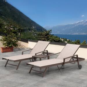3-Piece Aluminum Adjustable Outdoor Chaise Lounge in Beige with Square Side Table