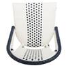 Close-up of the navy and white woven backrest of a dining chair.