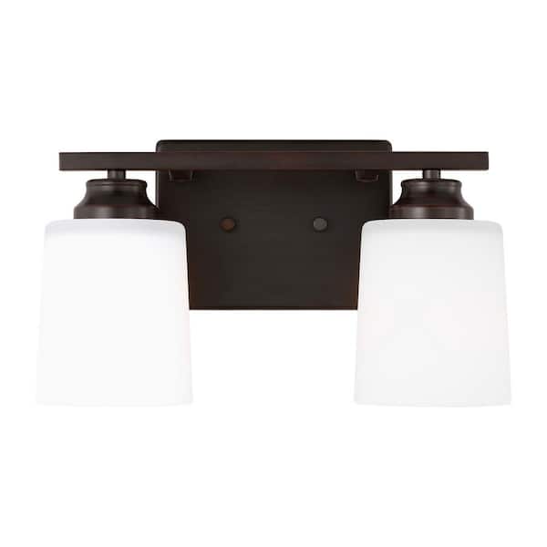 Vinton 13.125 in. 2-Light Bronze Bathroom Vanity Light with Etched White Glass Shades, LED Light Bulbs Included