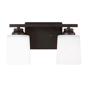 Vinton 13.125 in. 2-Light Bronze Bathroom Vanity Light with Etched White Glass Shades, LED Light Bulbs Included