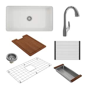 Sotto White Fireclay 32 in. Single Bowl Drop-In/Undermount Kitchen Sink with Faucet and Accessories