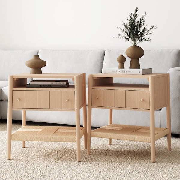 Meads Raw Oak 1-Drawer 21 in. W Nightstand with Solid Wood Legs, Brass Handles, and Seagrass Bottom Shelf, Set of 2