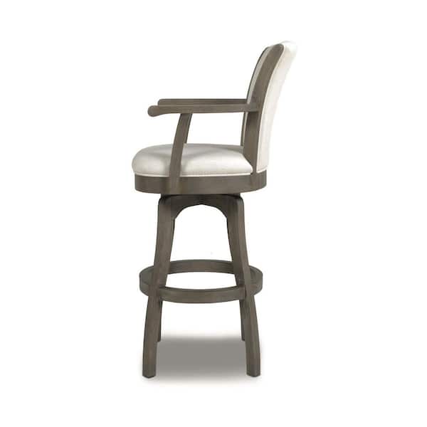 Williams 31 in. Grey Linen Modern Rustic High Back Swivel Bar Stool with Armrests and Wood Frame