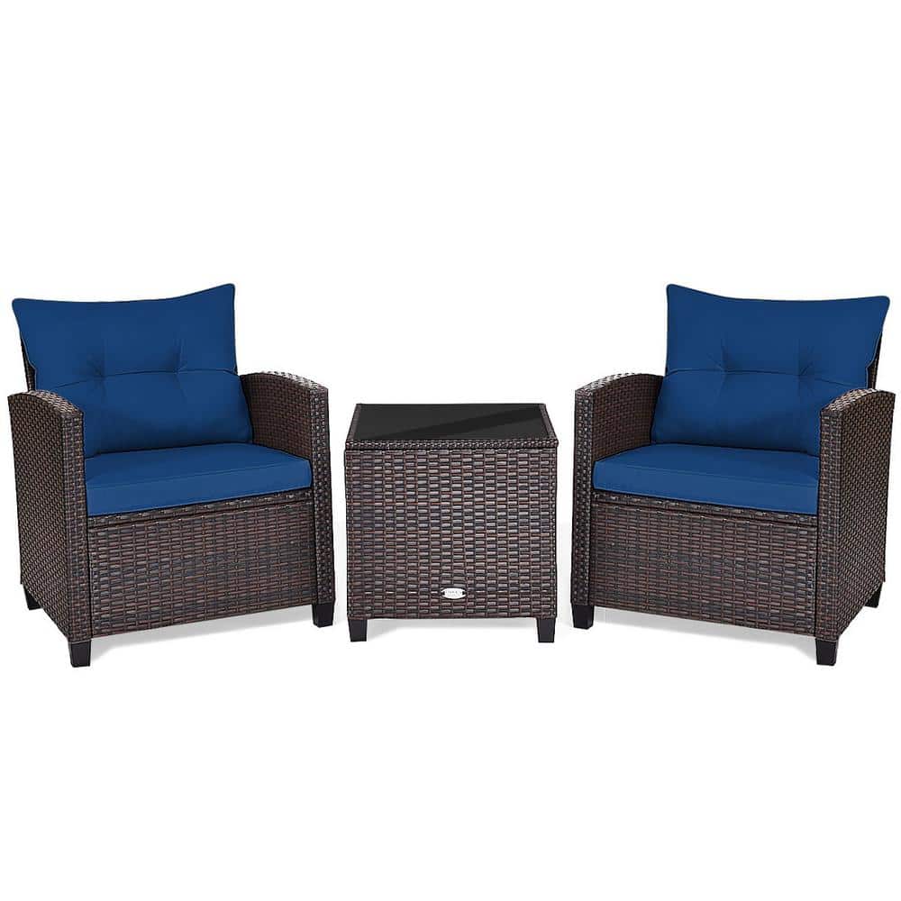 3-Piece Rattan Wicker Patio Conversation Set with Washable Navy Cushions