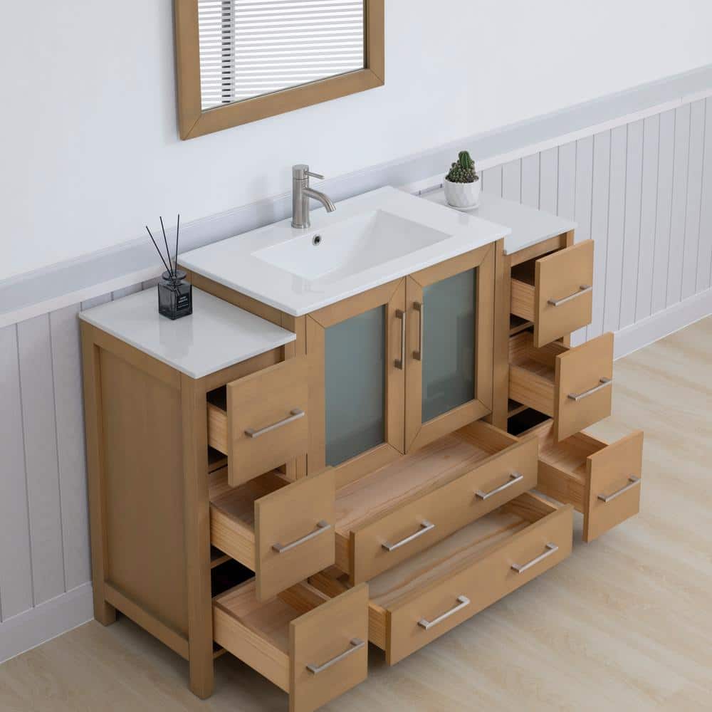 Natural Oak and White Ceramic 54" Single Bathroom Vanity with Mirror