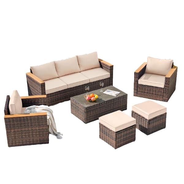 Sudzendf 6-Pieces Outdoor Wicker Sofa Set, Patio Furniture sofa set, with khaki Cushions