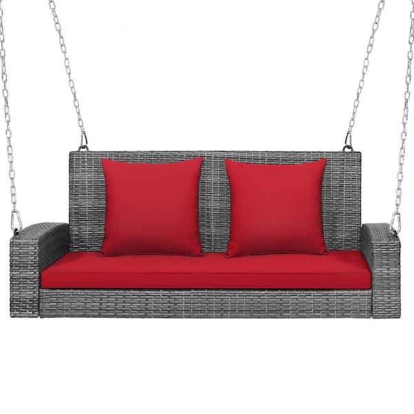 WELLFOR 2Person Gray Wicker Outoor Patio Porch Swing with Red Cushions