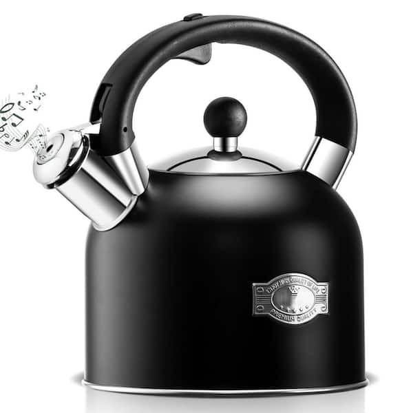 12-Cup Black Stainless Steel Stovetop Tea Kettle, Whistling Kettle, Tea Pot with Ergonomic Handle for All Stovetops