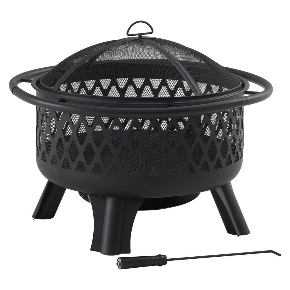 Black Steel Round Wood Burning Fire Pit with Mesh Screen