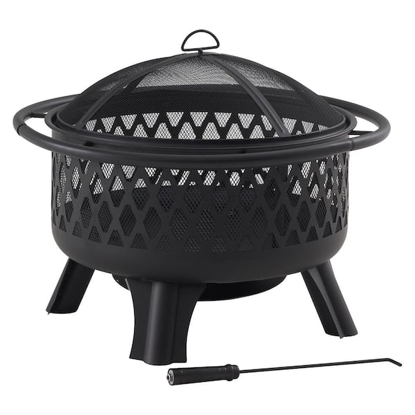 Piedmont 29.6 in. W Black Steel Wood Outdoor Fire Pit with Screen and Poker Included