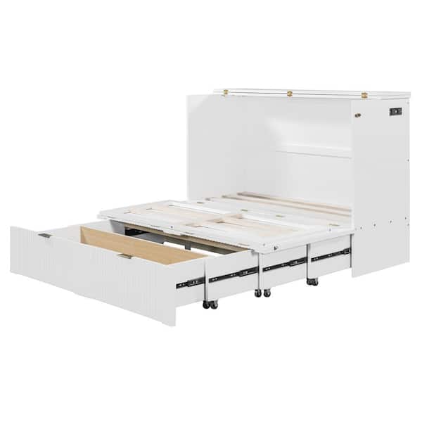 White Wood Frame Full Size Murphy Bed with Drawer, Sockets and USB Ports