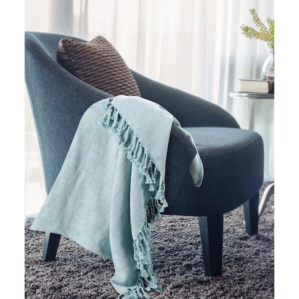 Unbranded Woven 50 in. x 60 in. Light Blue Solid Checkered Cotton Fringe Throw Blanket