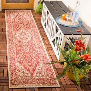 Beach House Red/Cream 2 ft. x 10 ft. Border Floral Indoor/Outdoor Patio  Runner Rug
