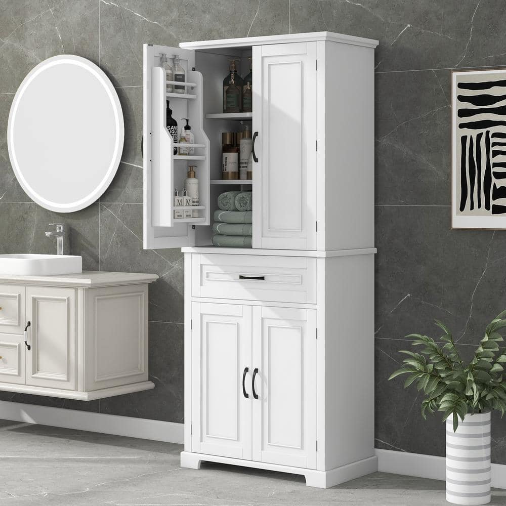 J & D Kitchen Distributors, Inc. - These vanities are separated by an extra  deep tall linen cabinet with tons of extra storage! And I just love the  tile backsplash all the