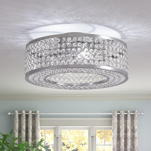 20 in. Indoor Modern Chrome Low Profile Ceiling Fan with Lights and Remote Small Caged Ceiling Fan with Clear Crystal