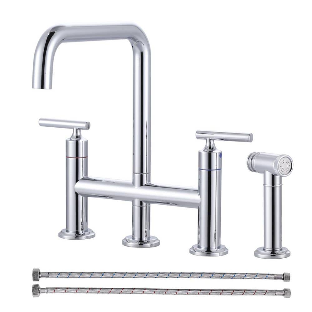 Double Handle Deck Mount Bridge Kitchen Faucet with Side Sprayer in Polished Chrome price history on PriceWatchPro