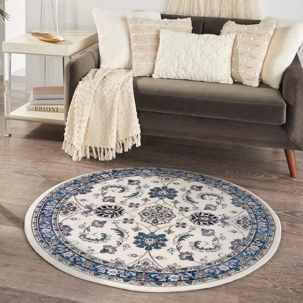 Essentials Ivory Blue 4 ft. x 4 ft. Center medallion Traditional Round Area Rug