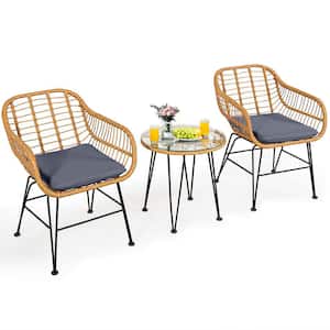 3-Piece Wicker Outdoor Patio Conversation Seating Set with Gray Cushions