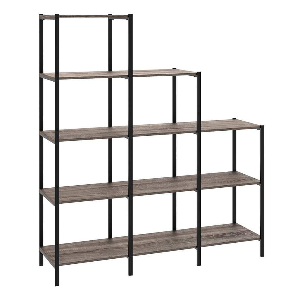 Weathered Gray 5-Tier Ladder Bookcase with Black Metal Frame