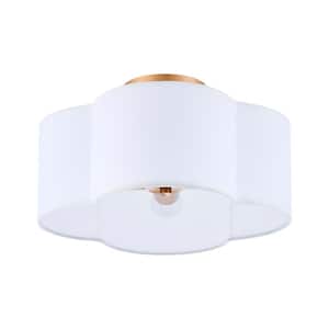 13.5 in. 4-Light Brushed Gold Semi-Flush Mount with White Fabric Drum Shade
