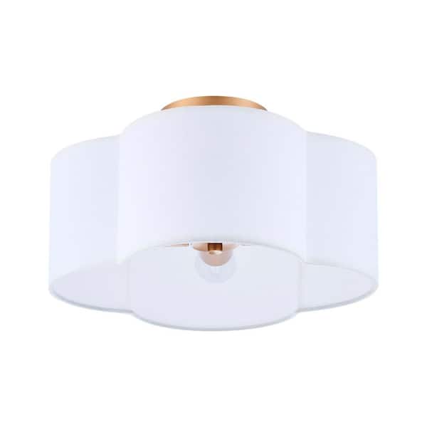 13.5 in. 4-Light Brushed Gold Semi-Flush Mount with White Fabric Drum Shade