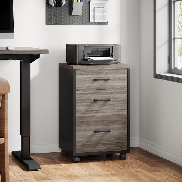 Atencio 3-Drawer Grey Wood 16 in. W Vertical File Cabinet Office Filing Cabinet Rolling Printer Stand (Grey)
