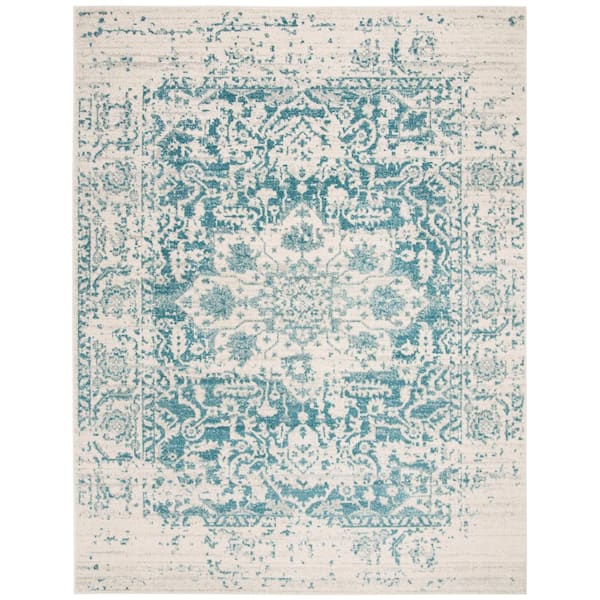 SAFAVIEH Madison Teal/Ivory 11 ft. x 15 ft. Geometric Border Floral Medallion Area Rug