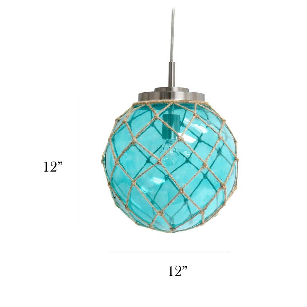 Aqua Sea Glass Globe Pendant with Brushed Nickel & Natural Rope Accent