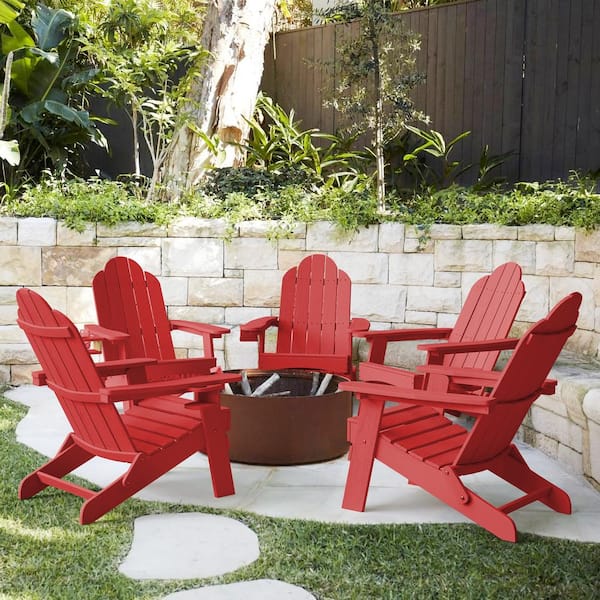 LUE BONA Recycled Red HDPS Folding Plastic Adirondack Chair Weather Resistant Patio Plastic Fire Pit Chairs (Set of 5)