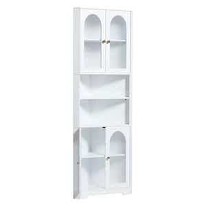 White Tall Corner Cabinet with Glass Doors & Led, Storage Cabinet with 4 Doors and 6 Shelves for Kitchen, Bathroom