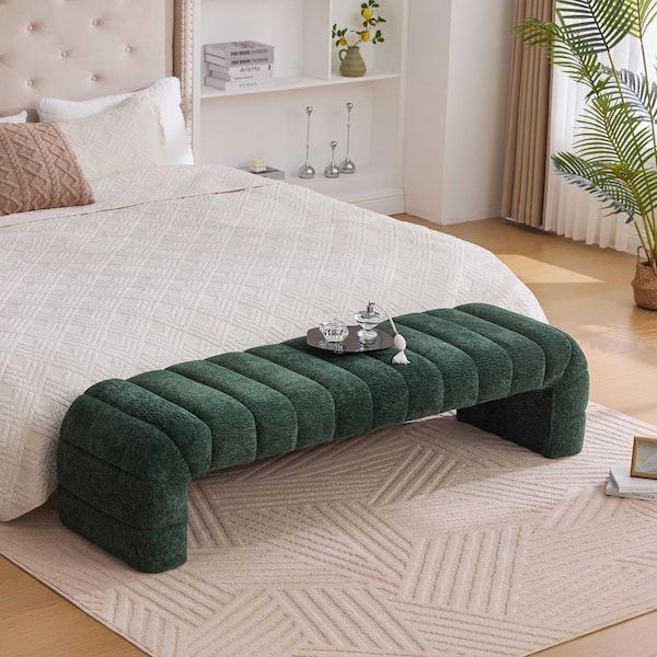 69.7 in. Green Channel Tufted Chenille Bed Bench-Storage Ottoman Foot Stool for Living Room and Bedroom, Entryway