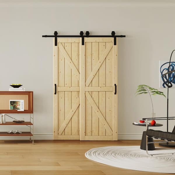 60 in. x 84 in. Light Brown Painted Water Proof and MDF Double K-Shaped Sliding Barn Door with Hardware Kit