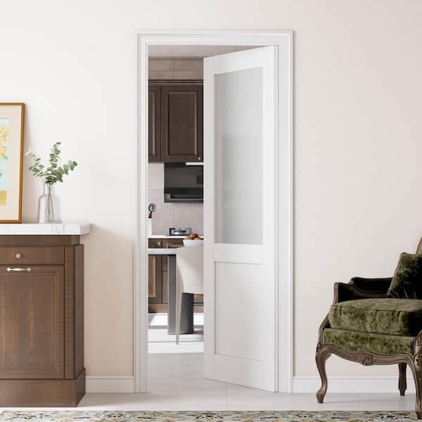 30 in. x 96 in. 1/2 Lite Tempered Frosted Glass White Primed Solid Core MDF Interior Door Slab