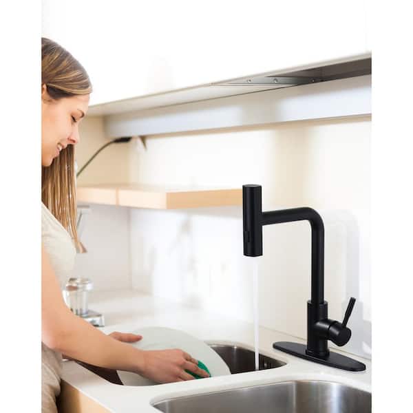 3-Mode Single Handle Waterfall Pull Down Sprayer Kitchen Faucet with 360° Rotation in Stainless Steel Matte Black