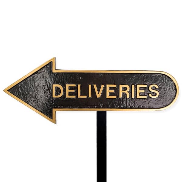 6 in. x 15.5 in. Left Arrow Deliveries Statement Plaque Sign with Lawn Stake-Black/Gold