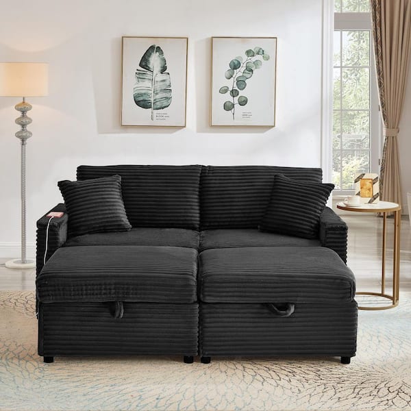 Sylvric Modern 68 in. Black Fluffy Corduroy Upholstered 2-Seats Sofa Loveseat with Storage Ottomans and Table Board