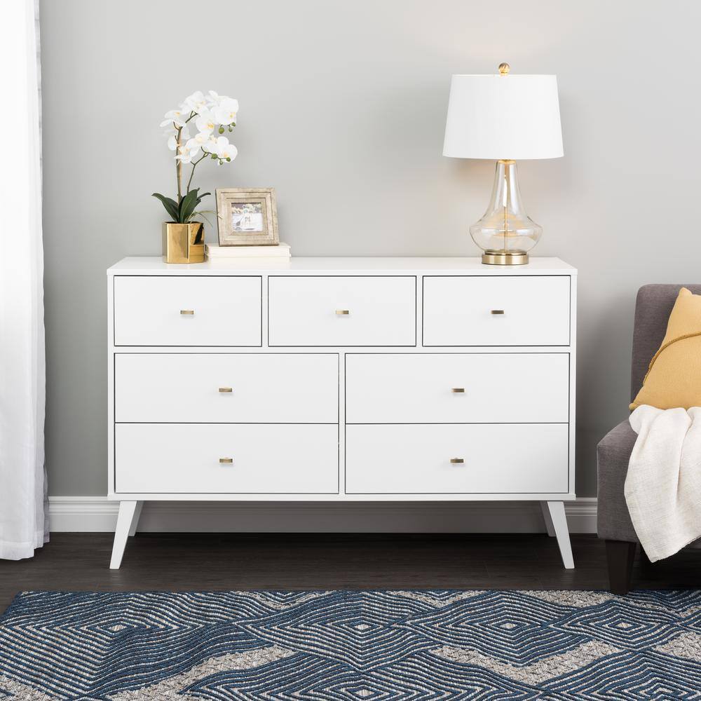 White Mid-Century Modern Double Dresser with Brass Knobs