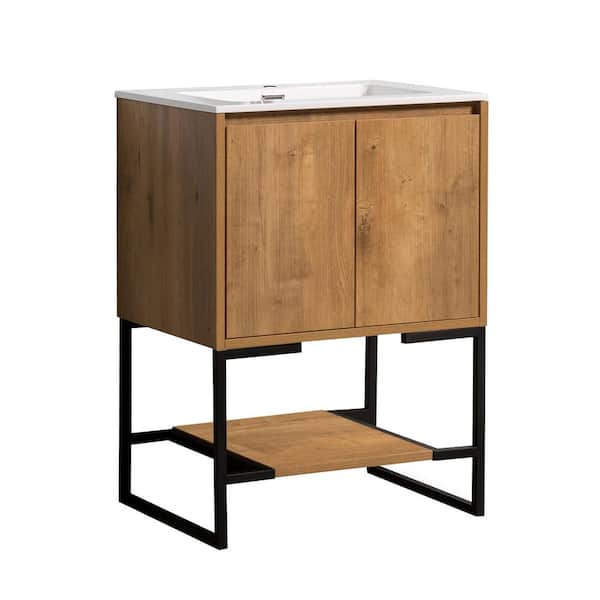 WELLFOR 29.5 in. W x 18.9 in. D x 33.7 in. H Bath Vanity in Oak with White Vanity Top with White Basin