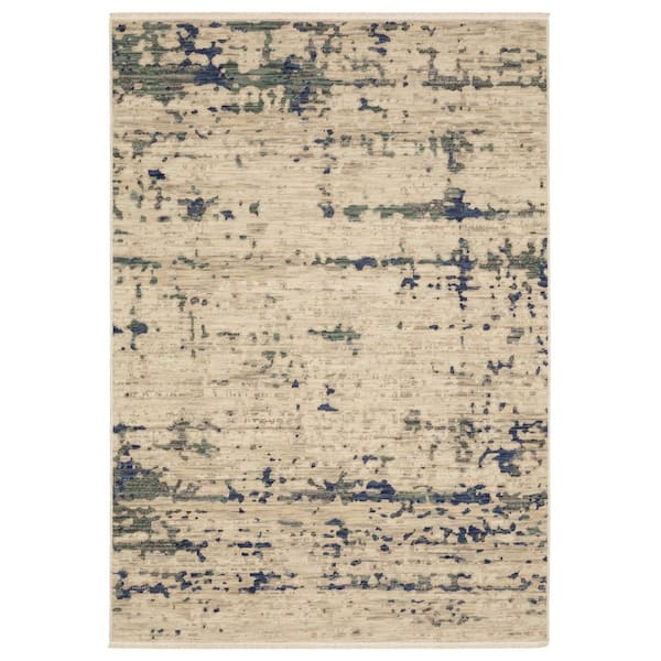 7' X 10' Beige And Green Abstract Area Rug With Fringe