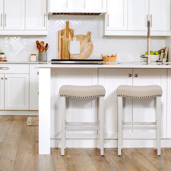 Jameson 29 in. Bar Height Antique White Wood Backless Barstool with Beige Upholstered Linen Saddle Seat Stool (Set of 2)