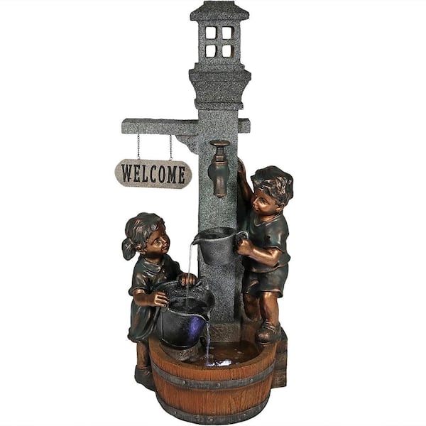 Sunnydaze Decor 40 in. Children Playing with Outdoor Water Faucet Fountain with LED Lights