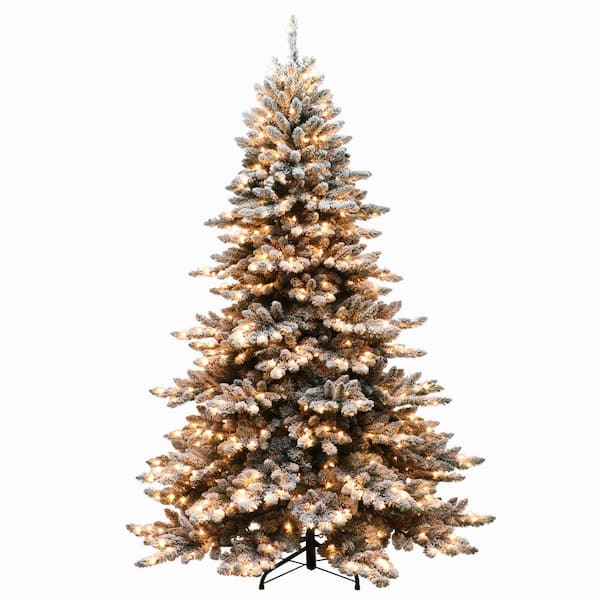 Puleo International 7.5 ft. Pre-Lit Flocked Princess Spruce Artificial Christmas Tree with 700 UL Listed Clear Lights