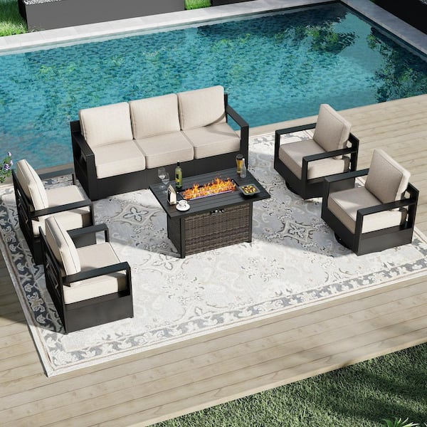 6-Piece Fire Pit Patio Set Wicker Outdoor Patio Conversation Set with Swivel Rocking Chairs and Beige Cushions
