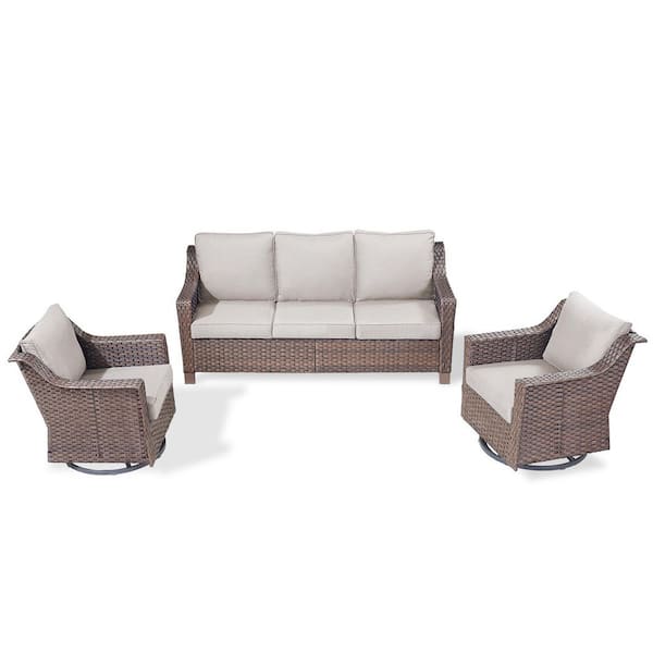 SlideArm Brown 3-Piece Wicker Swivel Glider Patio Conversation Set, Sofa Seating Set with Olefin Beige Cushions