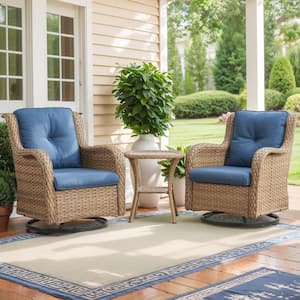 Yellow 3-Piece Wicker Outdoor Rocking Chair Patio Conversation Set with Blue Cushions and Side Table