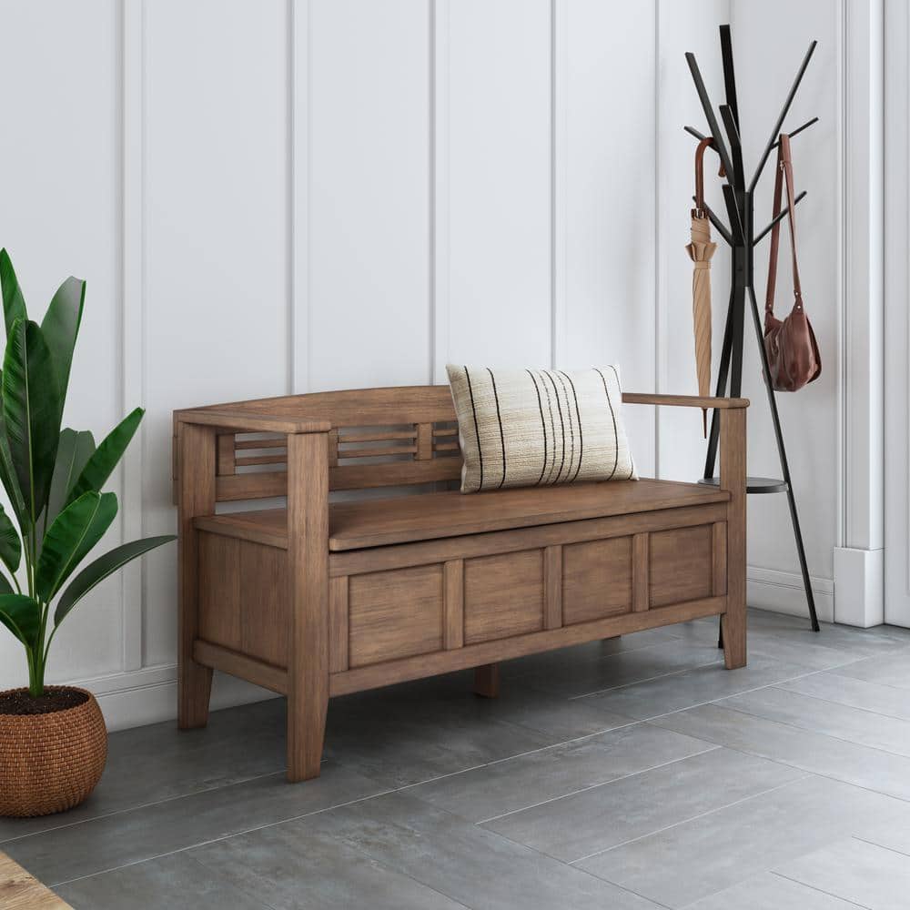 Adams Rustic Natural Aged Brown Wood Storage Bench with Arms