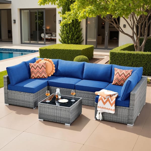 Elora Gray 7‑Piece Wicker Outdoor Patio Conversation Set with Navy Blue Cushions Ideal for Backyard, Deck, or Garden