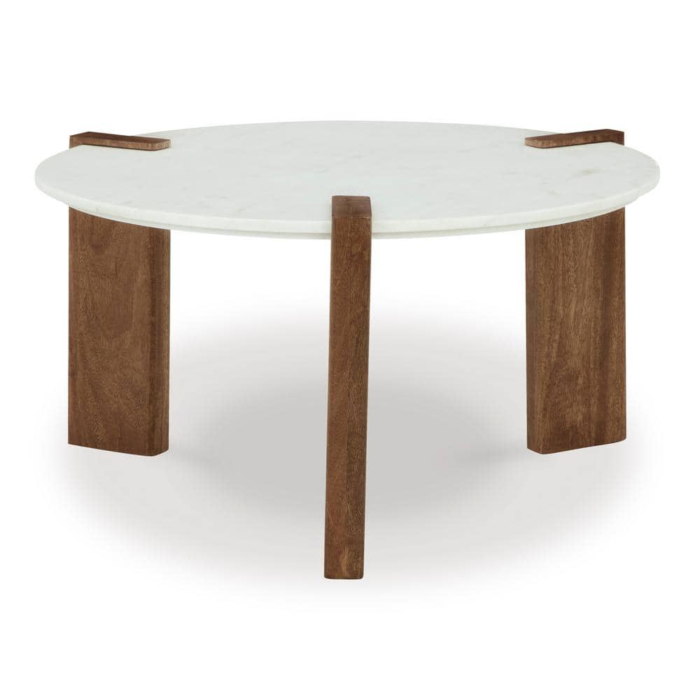 Round White Marble Top Coffee Table with Brown Wood Base