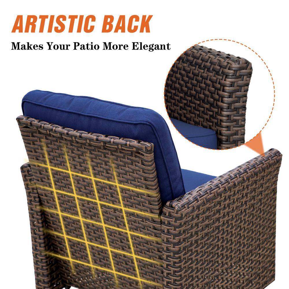 Blue Cushioned 3-Piece Black Steel Wicker Patio Set